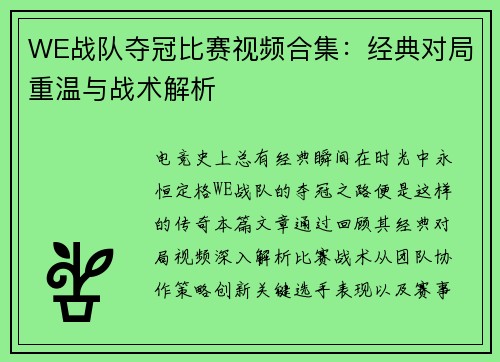 WE战队夺冠比赛视频合集：经典对局重温与战术解析