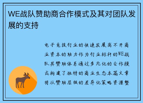 WE战队赞助商合作模式及其对团队发展的支持